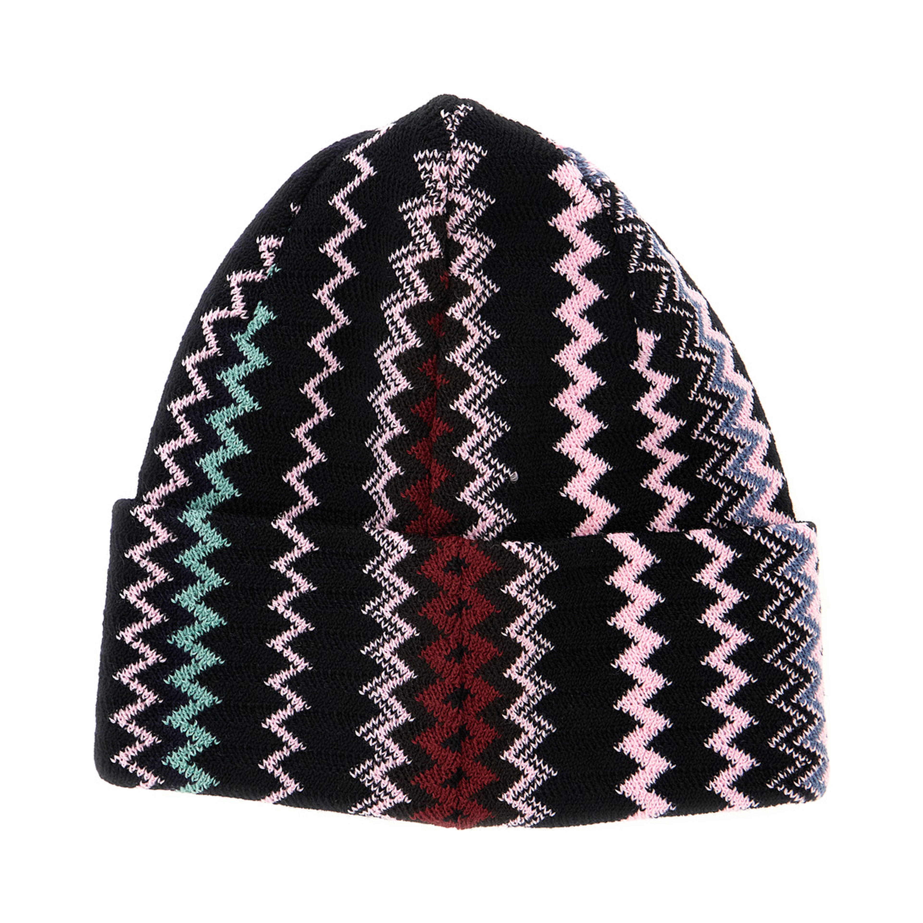 Multicolor beanie with turn-up brim ZigZag motif in wool blend for women