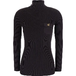 Brown High Neck Sweater with Front Logo and Ribbed Knit in cotton for women