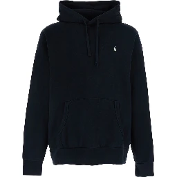 Hooded Sweatshirt with Fixed Hood and Pony Logo on the Front in Black Cotton for Men