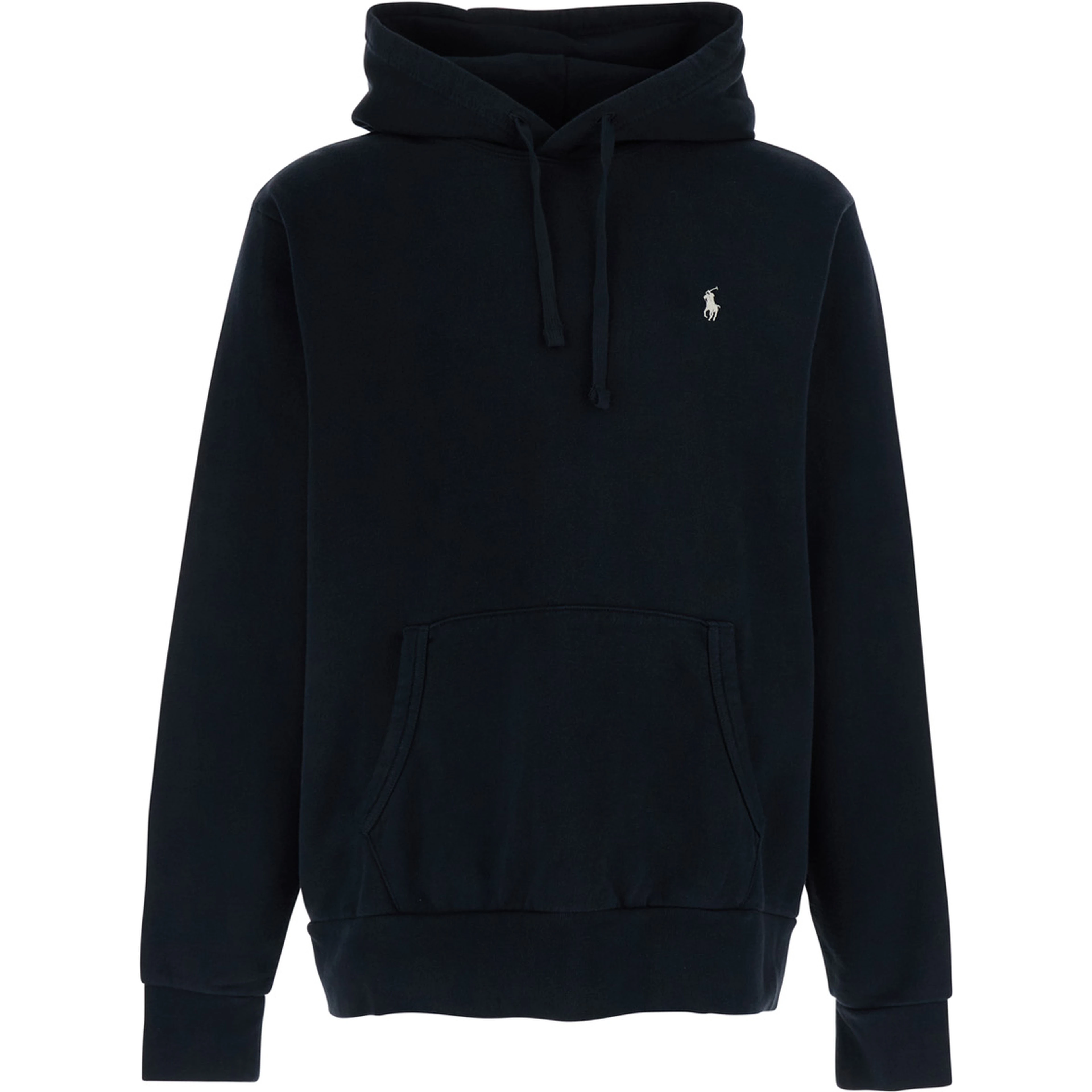 Hooded Sweatshirt with Fixed Hood and Pony Logo on the Front in Black Cotton for Men