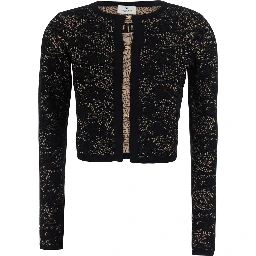 Black Cardigan with Lace Embroidery in Viscose Blend for Women
