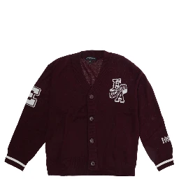 Bordeaux Cardigan with V-neck and lettering on the front and sleeves in blend wool boy