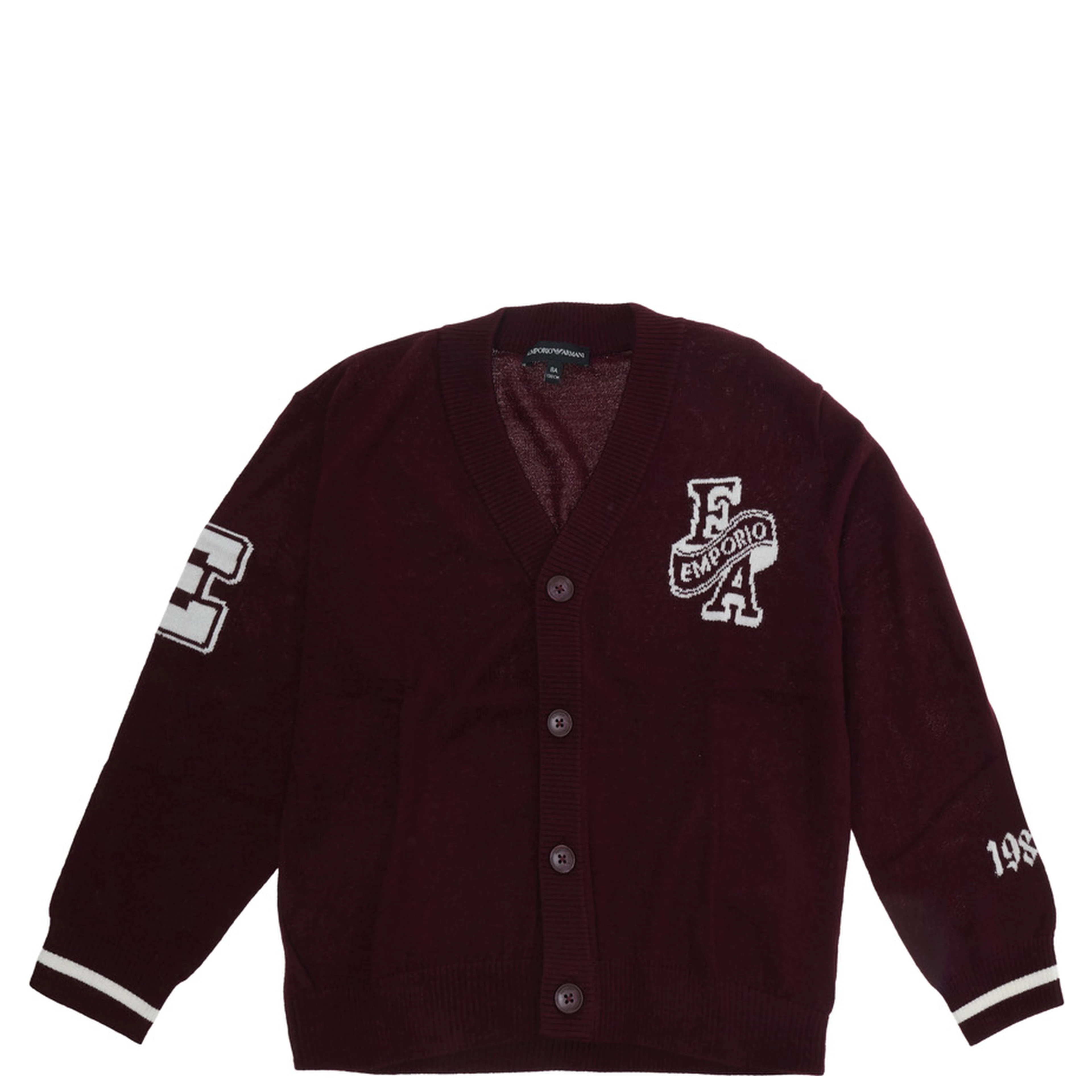 Bordeaux Cardigan with V-neck and lettering on the front and sleeves in blend wool boy
