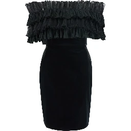 Black Mini Dress with Ruffles and Off-shoulder Design in Velvet for Women
