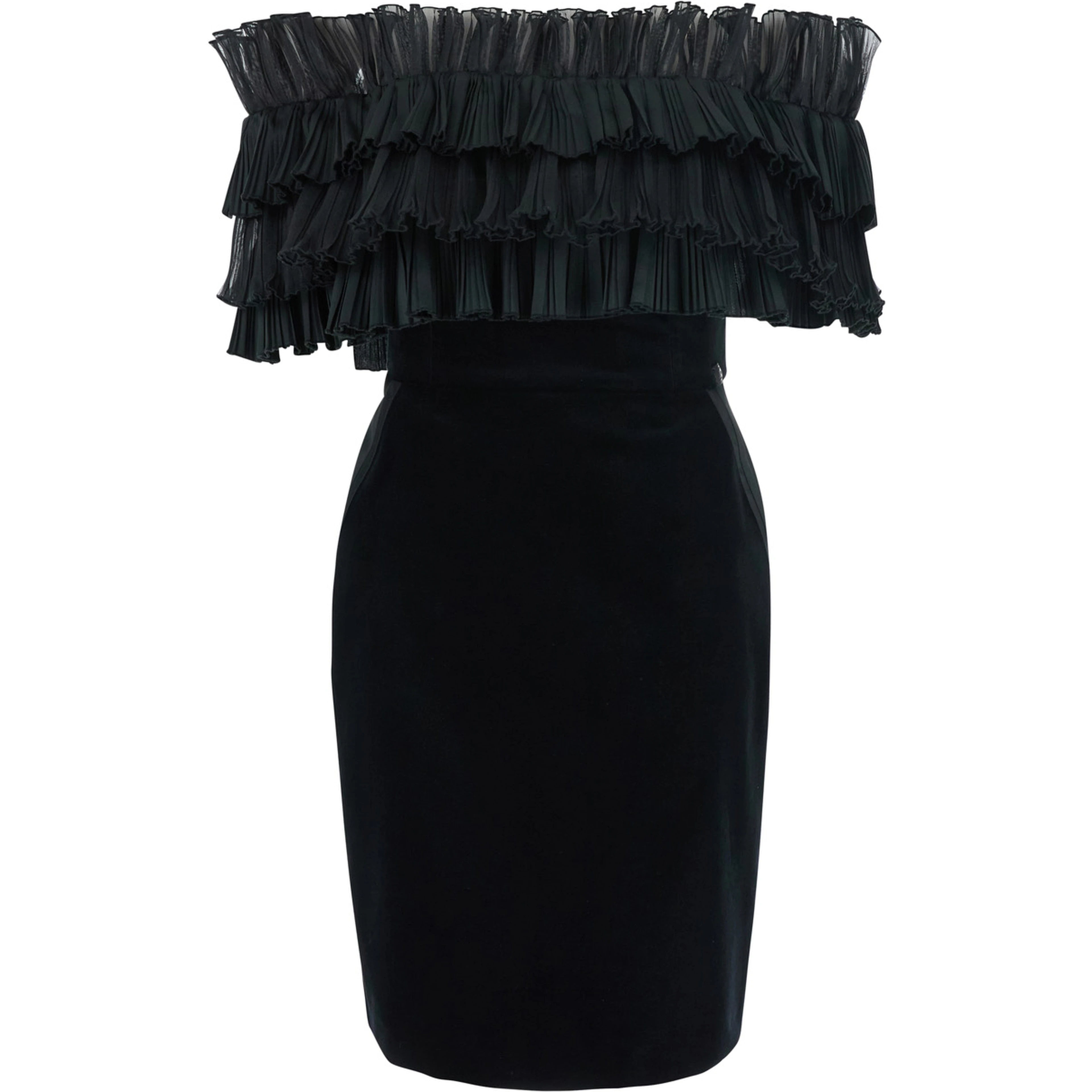 Black Mini Dress with Ruffles and Off-shoulder Design in Velvet for Women