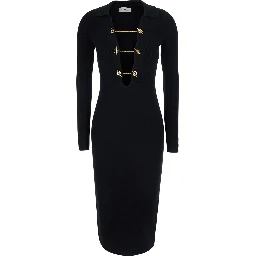 Black Dress with deep V-neck and chains on the front in viscose blend for women