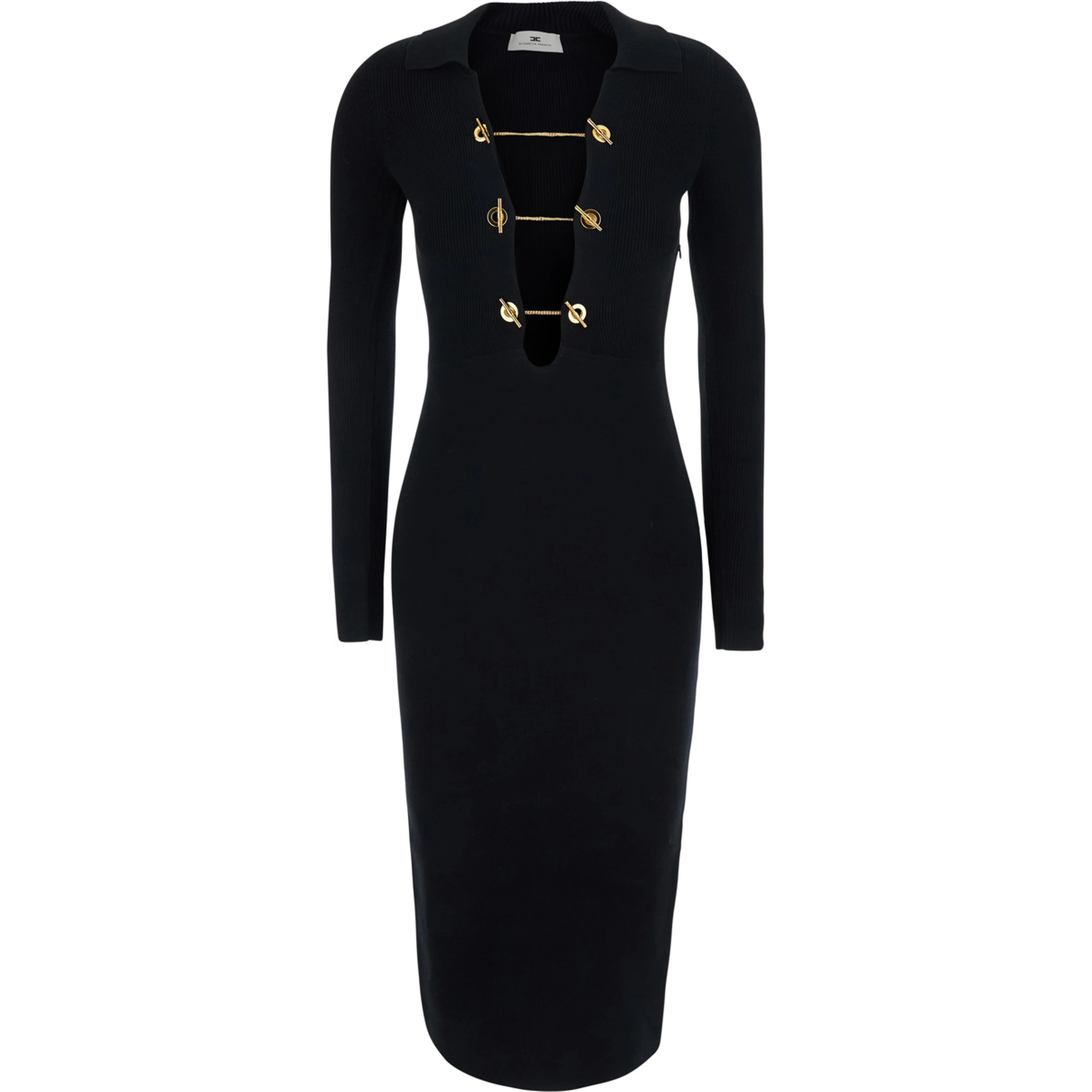 Black Dress with deep V-neck and chains on the front in viscose blend for women