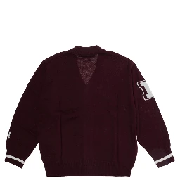 Bordeaux Cardigan with V-neck and lettering on the front and sleeves in blend wool boy