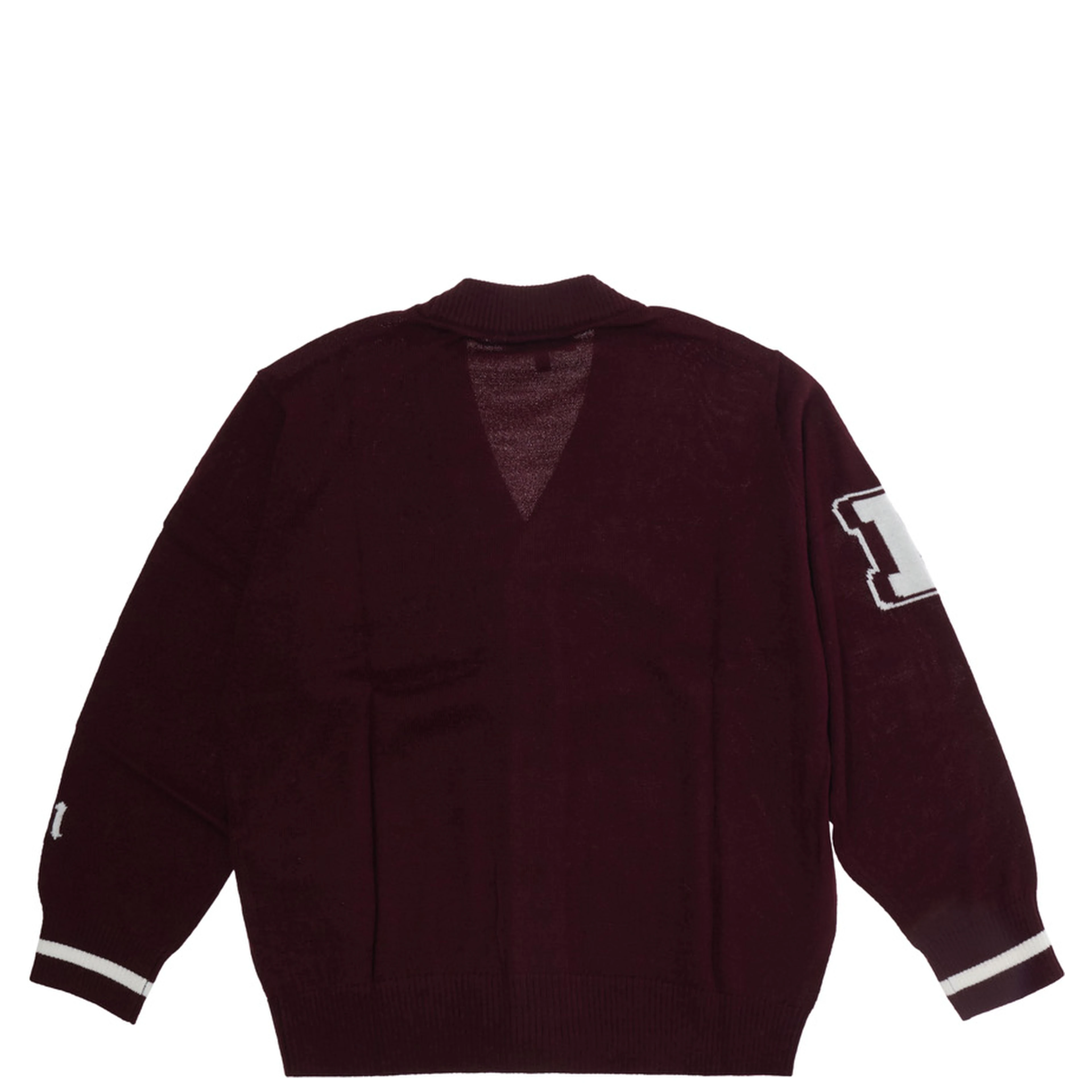 Bordeaux Cardigan with V-neck and lettering on the front and sleeves in blend wool boy