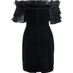 Black Mini Dress with Ruffles and Off-shoulder Design in Velvet for Women
