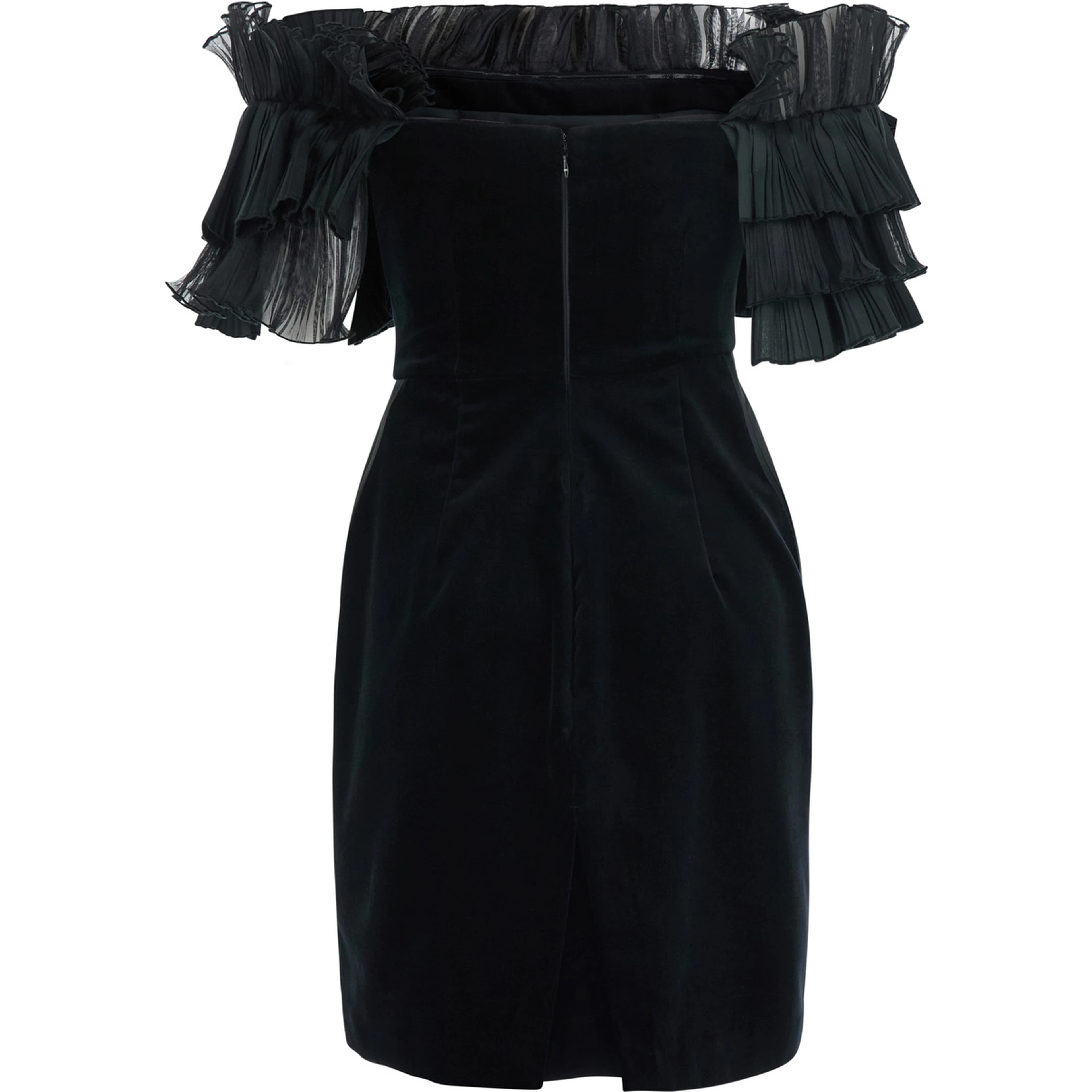 Black Mini Dress with Ruffles and Off-shoulder Design in Velvet for Women