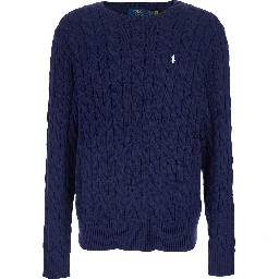 Crewneck Sweater with Braided Knit and Pony Embroidery on the Front in Blue Cotton for Men