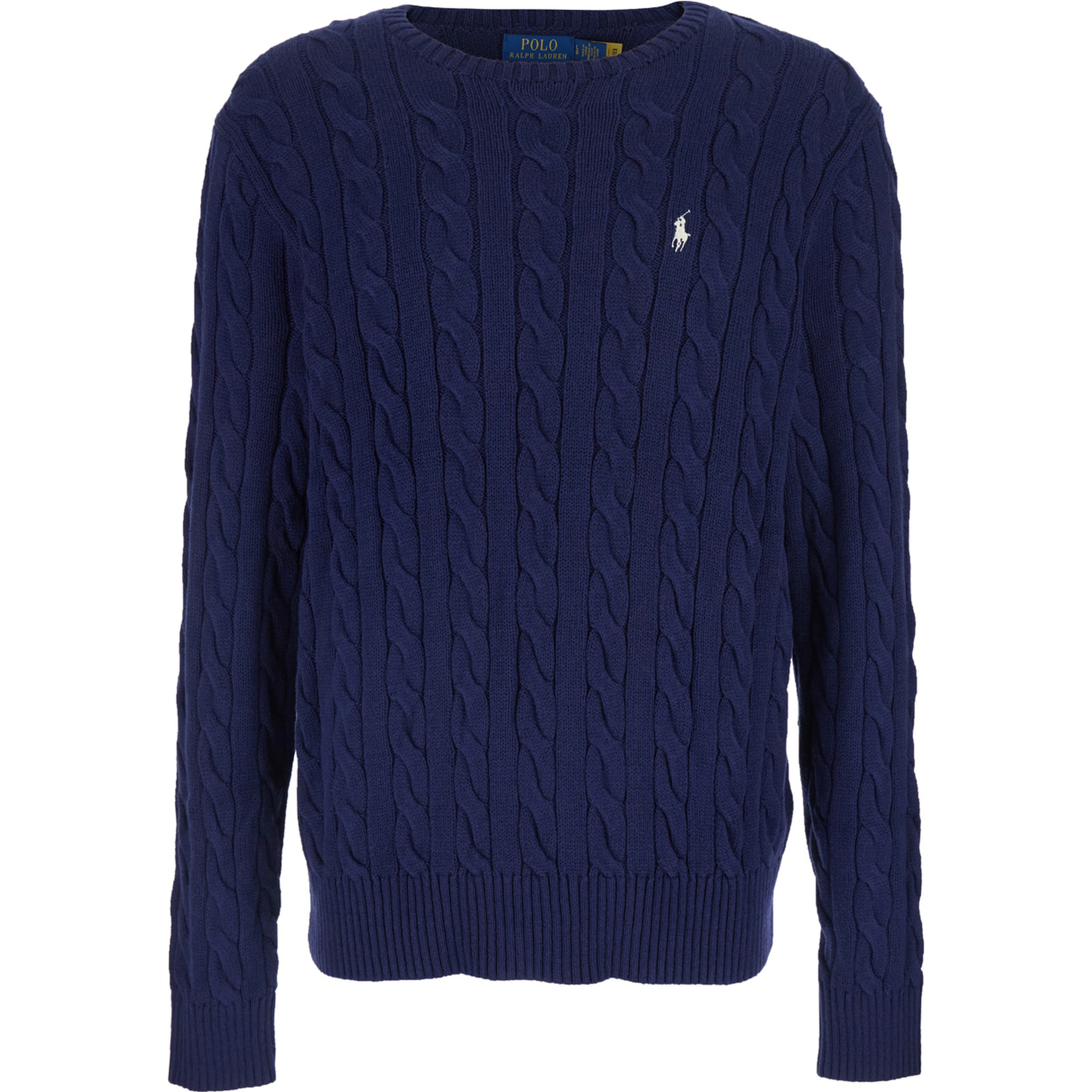 Crewneck Sweater with Braided Knit and Pony Embroidery on the Front in Blue Cotton for Men