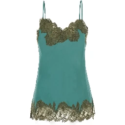 Blue V-neck top with spaghetti straps in satin fabric for women
