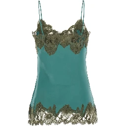 Blue V-neck top with spaghetti straps in satin fabric for women