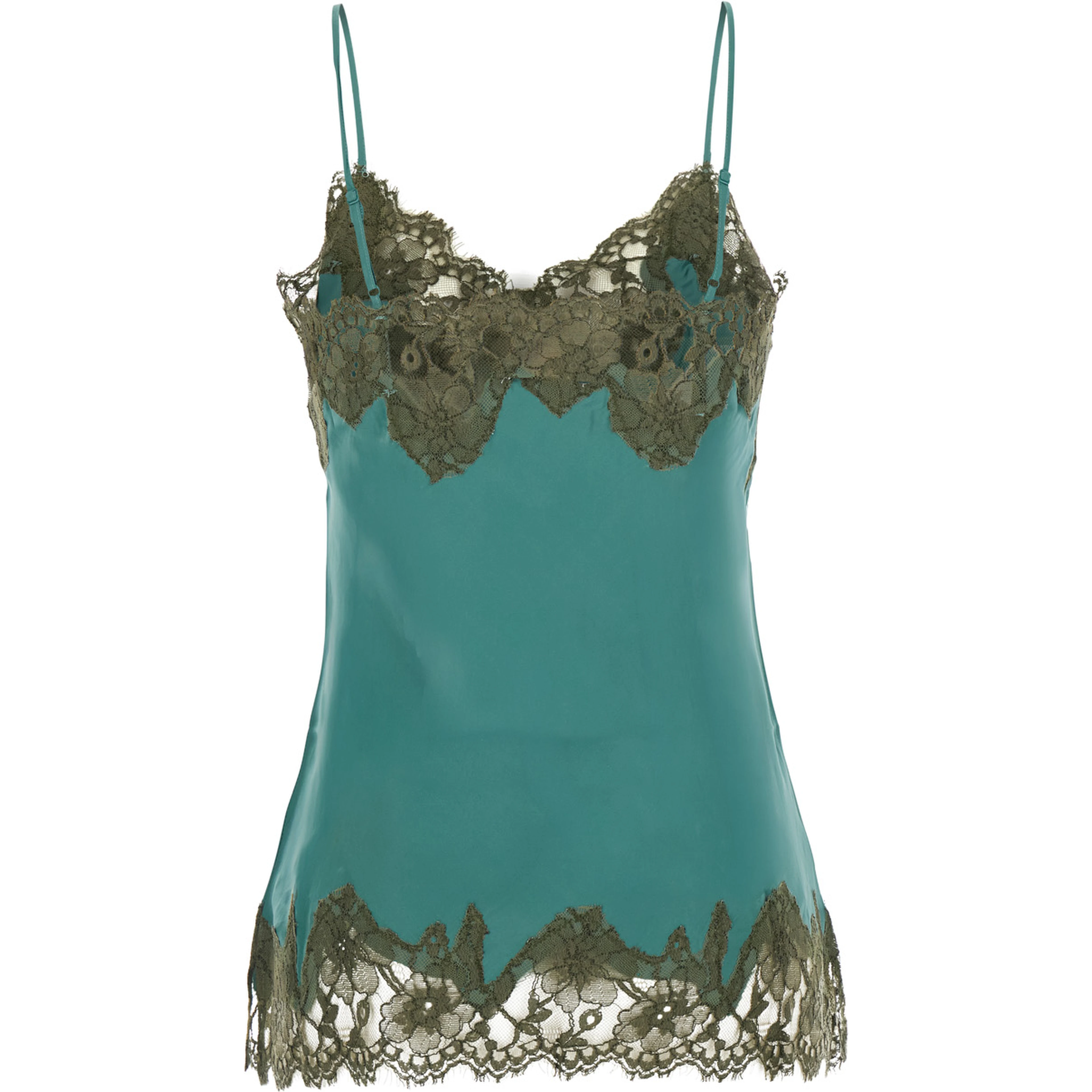 Blue V-neck top with spaghetti straps in satin fabric for women