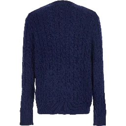 Crewneck Sweater with Braided Knit and Pony Embroidery on the Front in Blue Cotton for Men