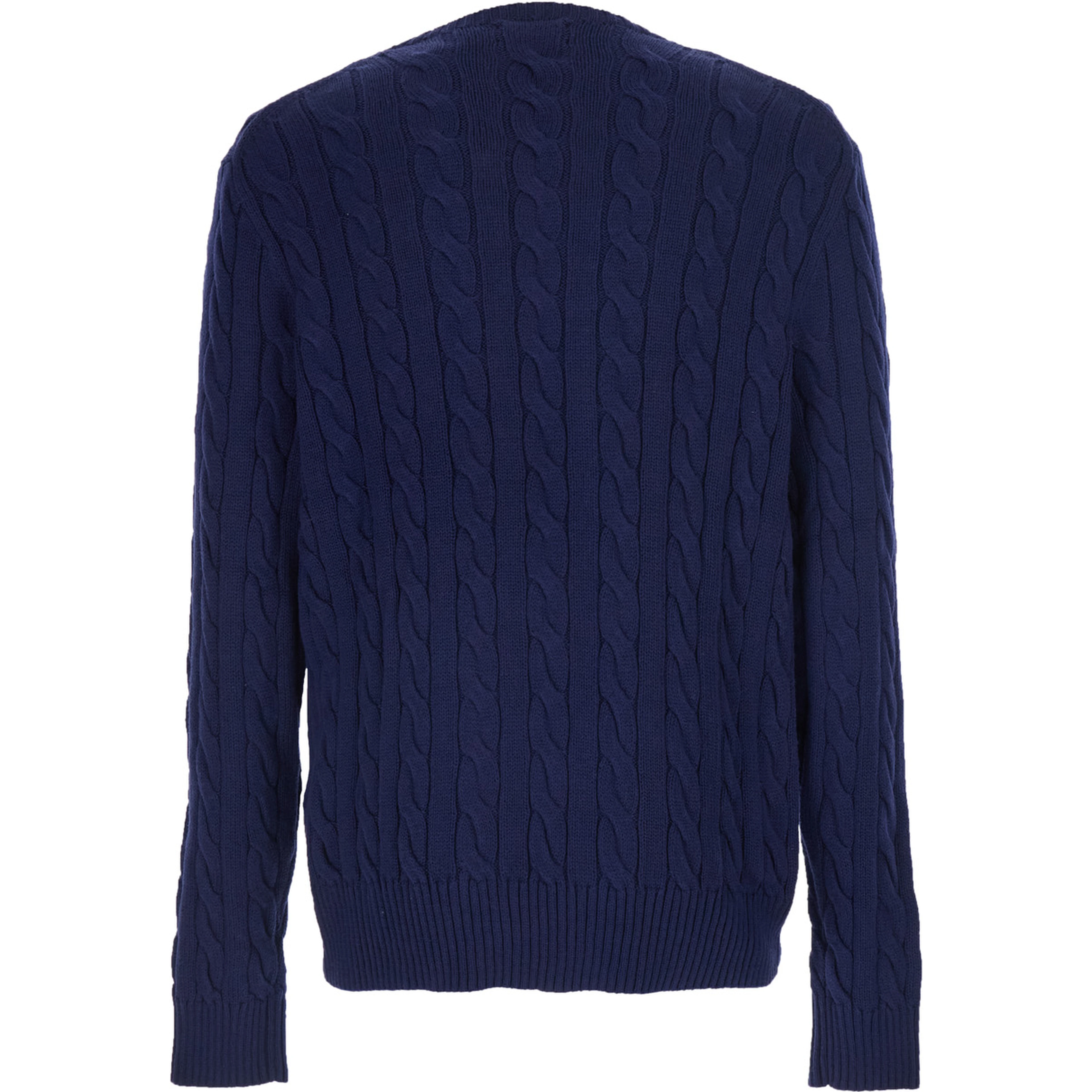 Crewneck Sweater with Braided Knit and Pony Embroidery on the Front in Blue Cotton for Men
