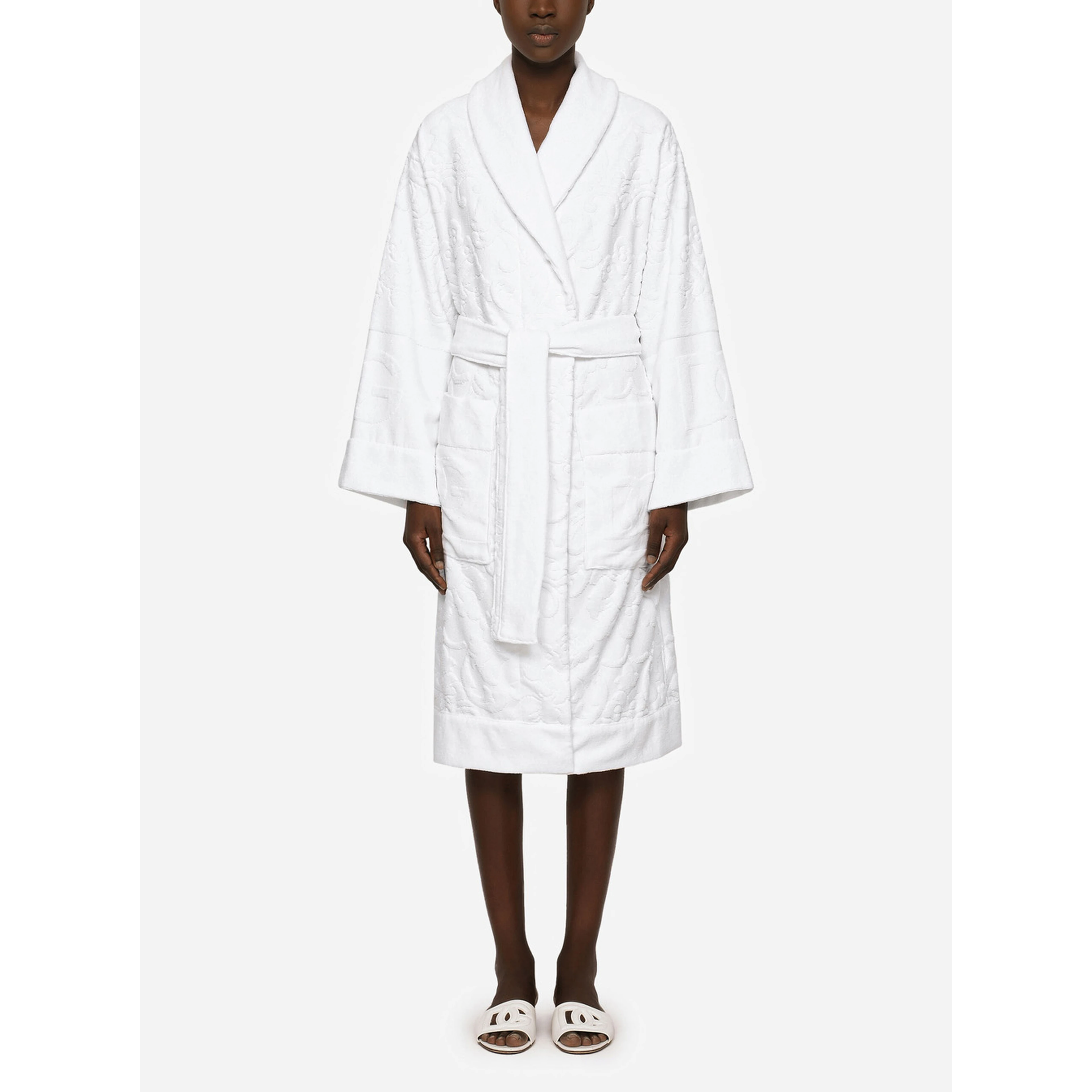 white Bathrobe with all-over embossed logo print in cotton terry