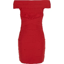 Red Mini Dress with Off-shoulder Design and Elastic Inserts on the Front in Tech Fabric Women