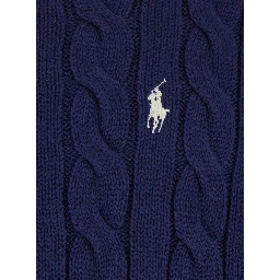 Crewneck Sweater with Braided Knit and Pony Embroidery on the Front in Blue Cotton for Men