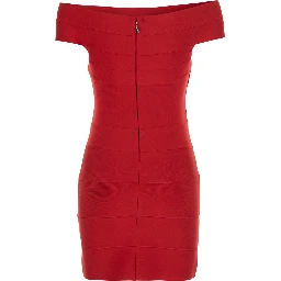 Red Mini Dress with Off-shoulder Design and Elastic Inserts on the Front in Tech Fabric Women