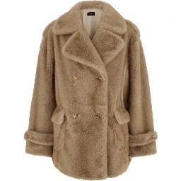 Beige Overcoat with Wide Lapels in Eco-Fur for Women