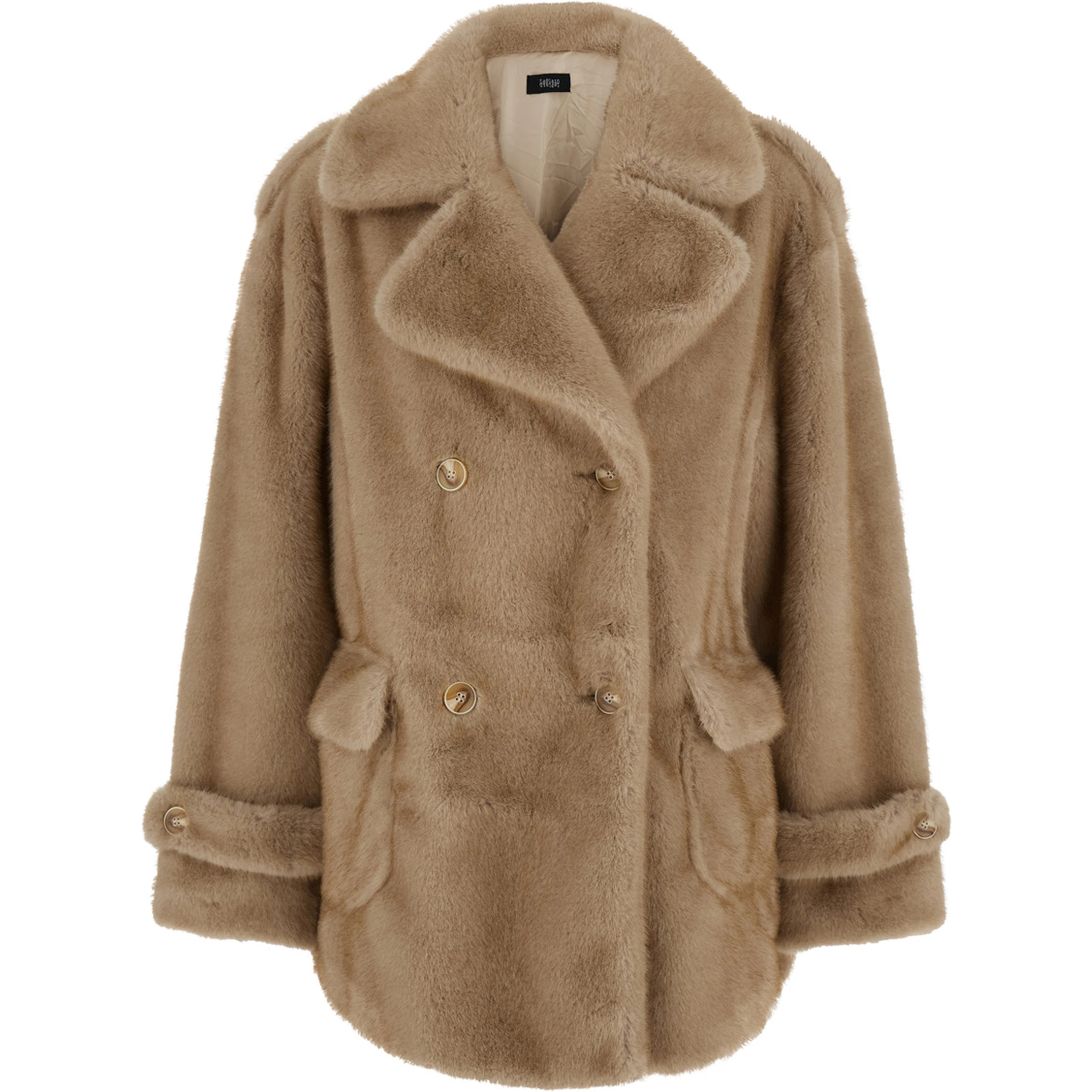 Beige Overcoat with Wide Lapels in Eco-Fur for Women