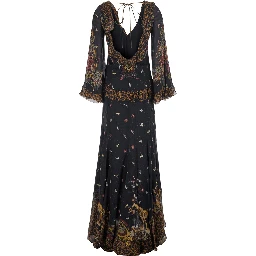 Brown Long Dress with V-Neck and Ruffled Sleeves in Tech Fabric Women
