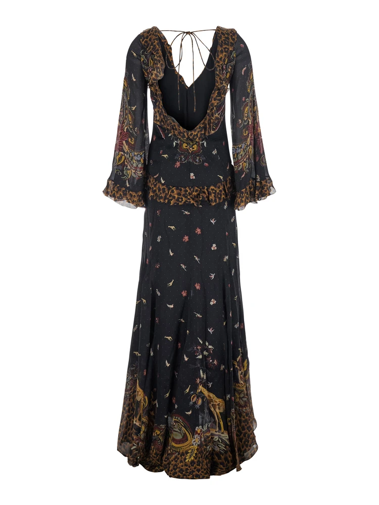 Brown Long Dress with V-Neck and Ruffled Sleeves in Tech Fabric Women