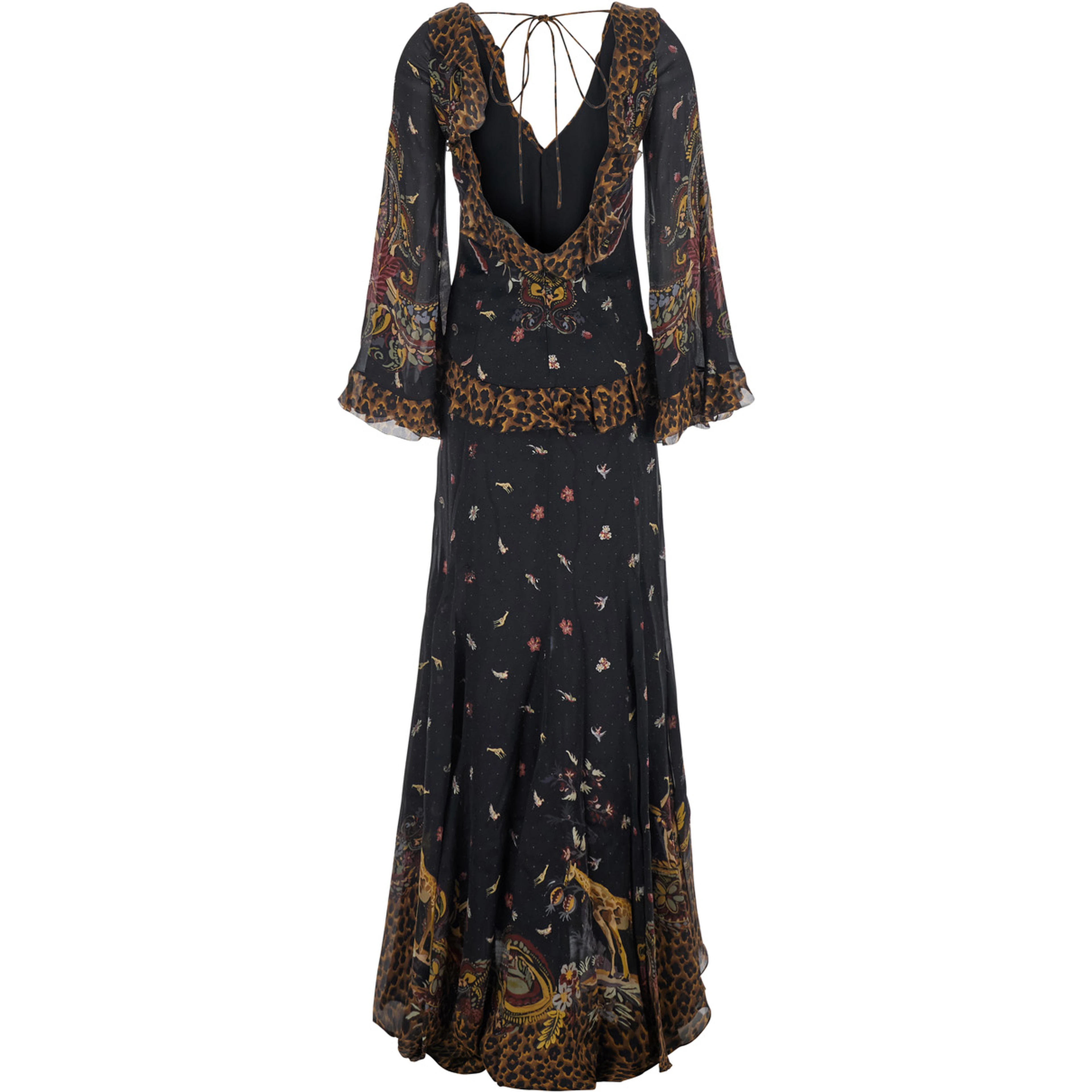 Brown Long Dress with V-Neck and Ruffled Sleeves in Tech Fabric Women