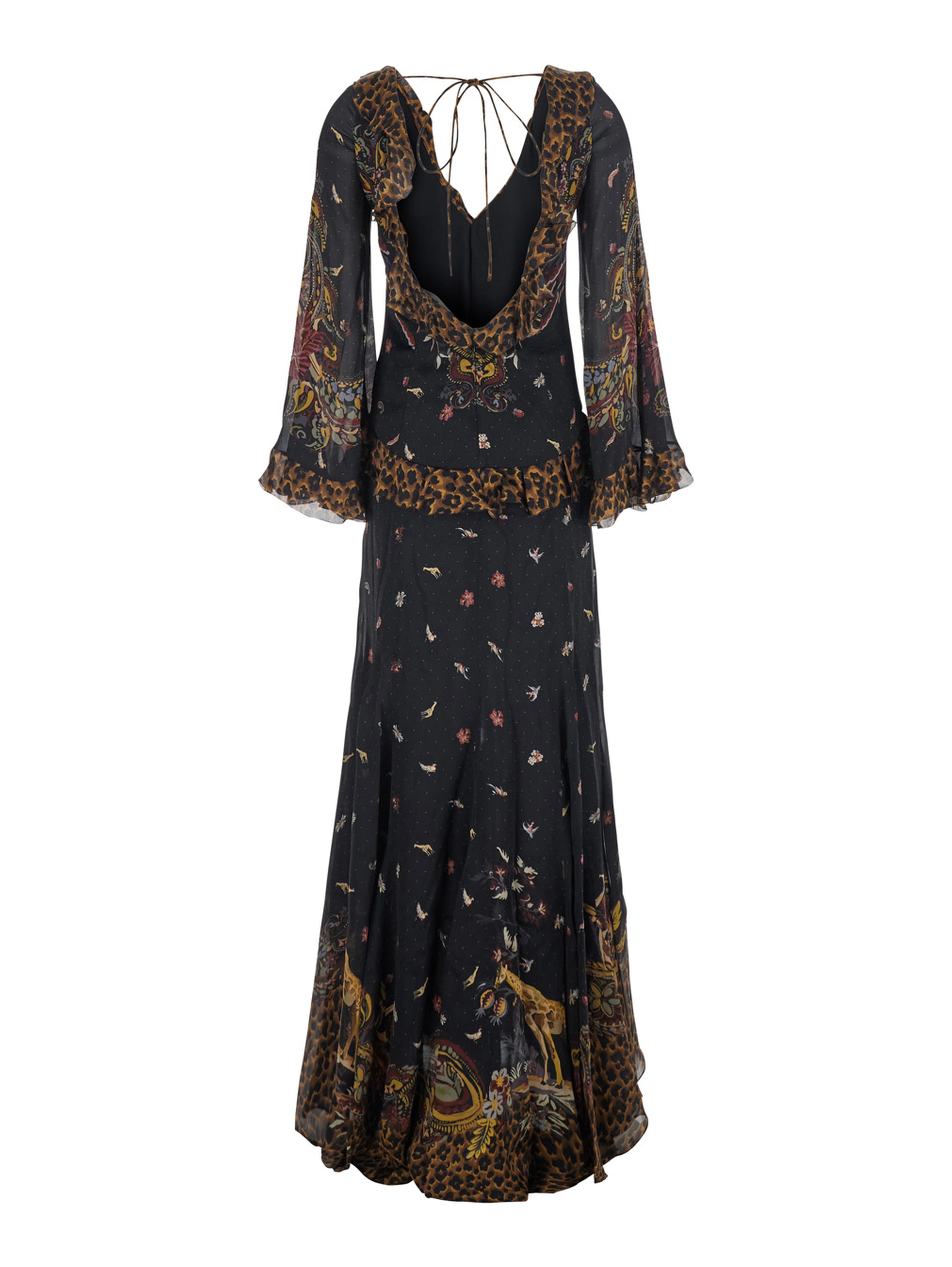 Brown Long Dress with V-Neck and Ruffled Sleeves in Tech Fabric Women