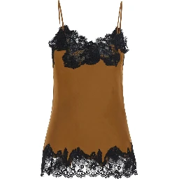 brown V-neck top with spaghetti straps in satin fabric for women