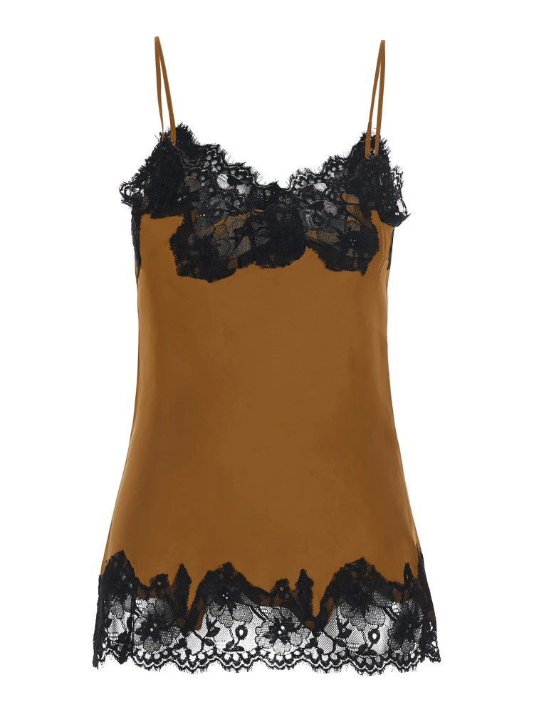 brown V-neck top with spaghetti straps in satin fabric for women