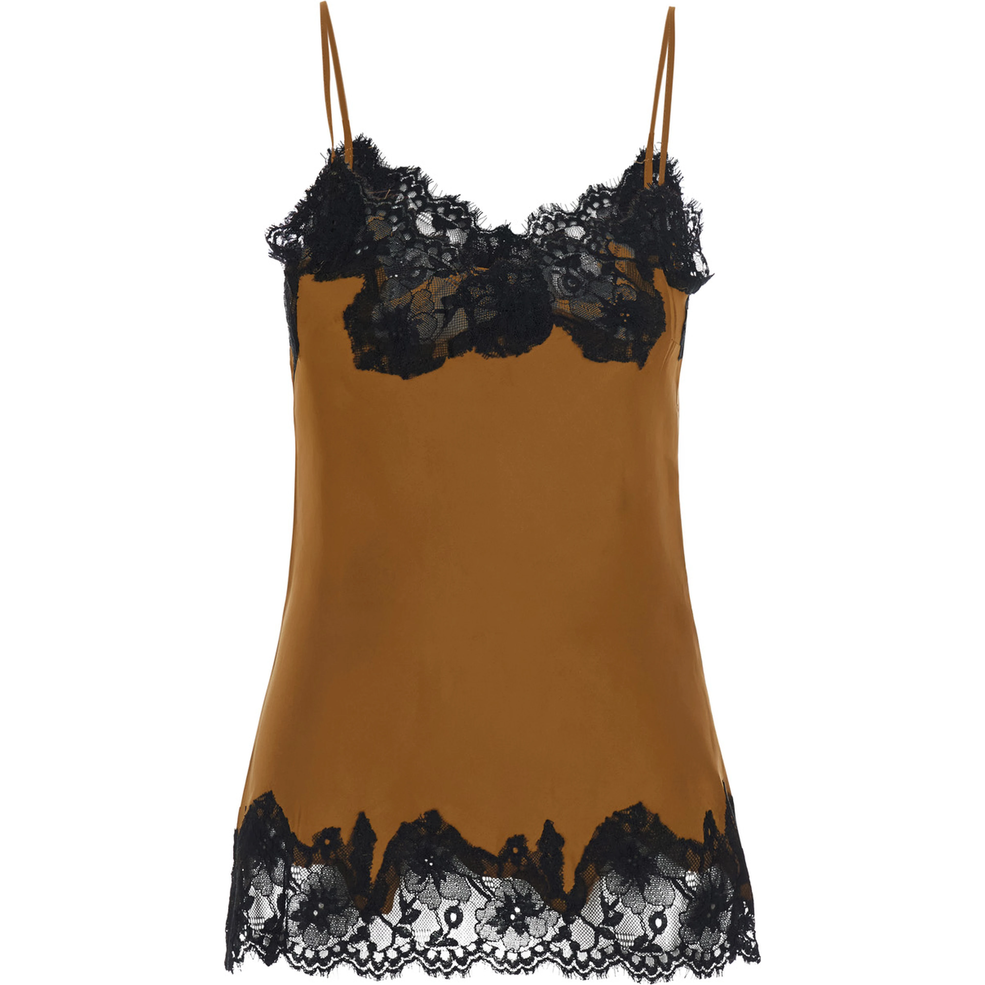 brown V-neck top with spaghetti straps in satin fabric for women
