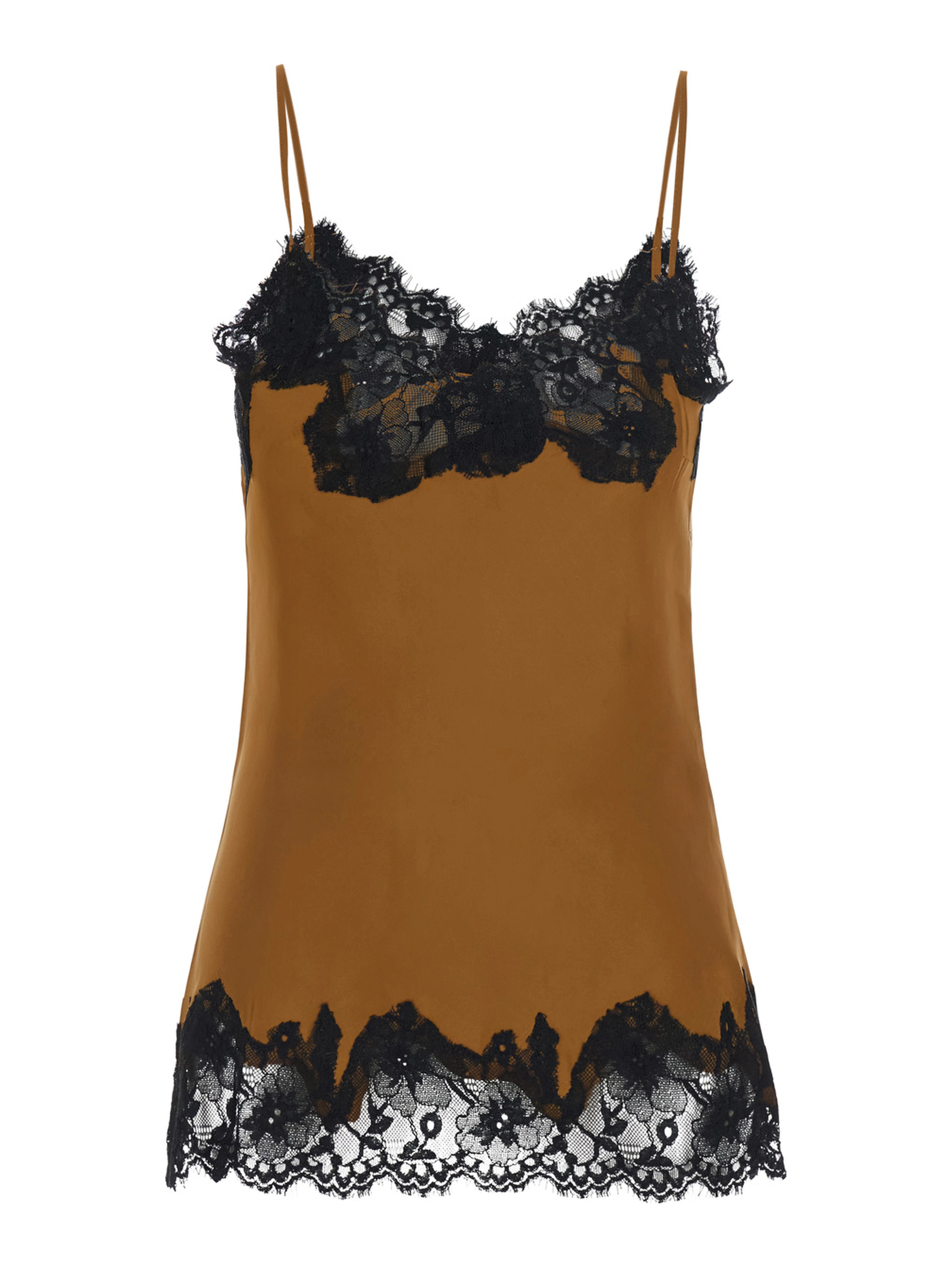 brown V-neck top with spaghetti straps in satin fabric for women