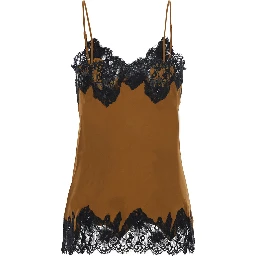brown V-neck top with spaghetti straps in satin fabric for women