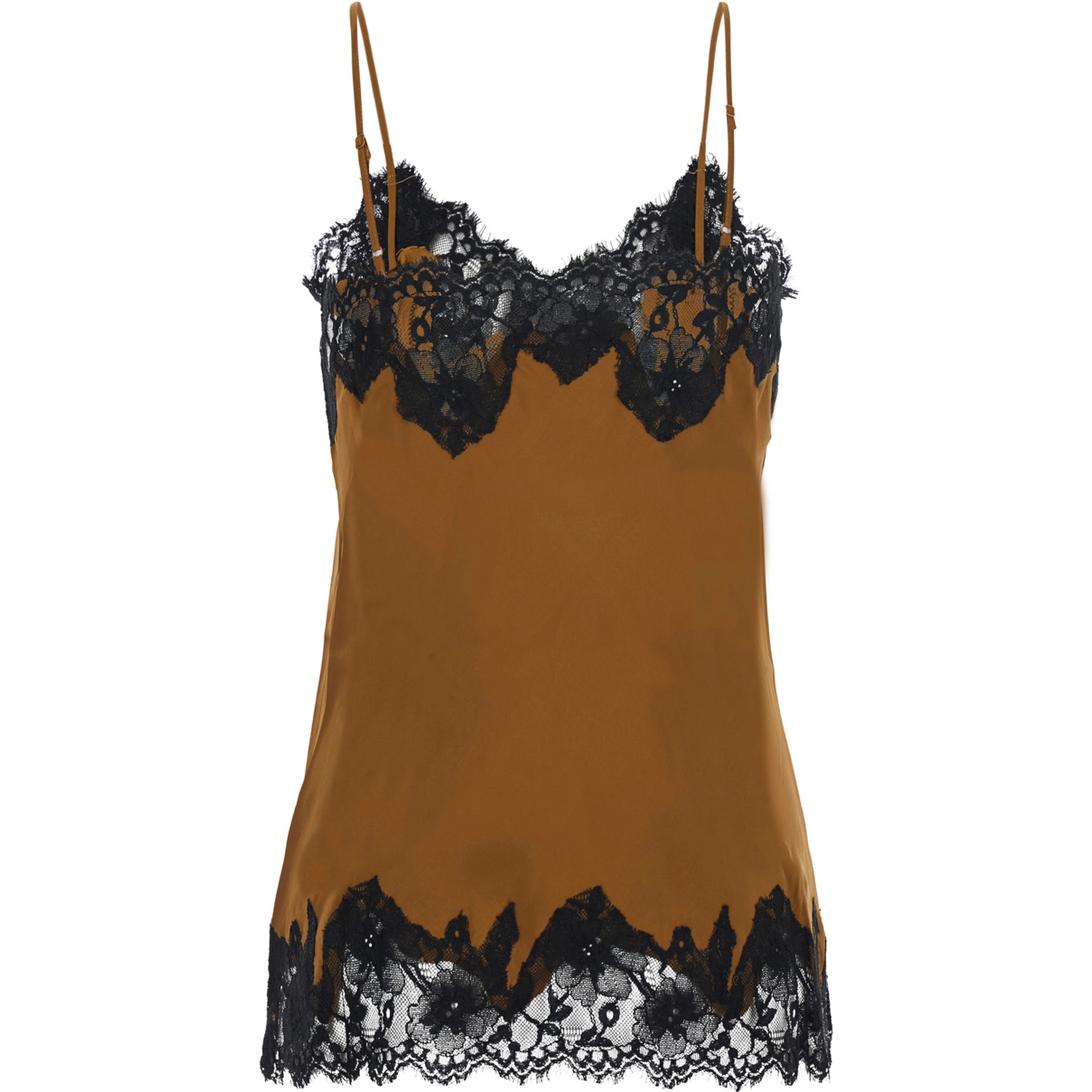 brown V-neck top with spaghetti straps in satin fabric for women