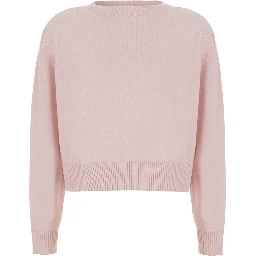 Cropped Round Neck 12GG with round neck and long sleeves in pink cashmere for women