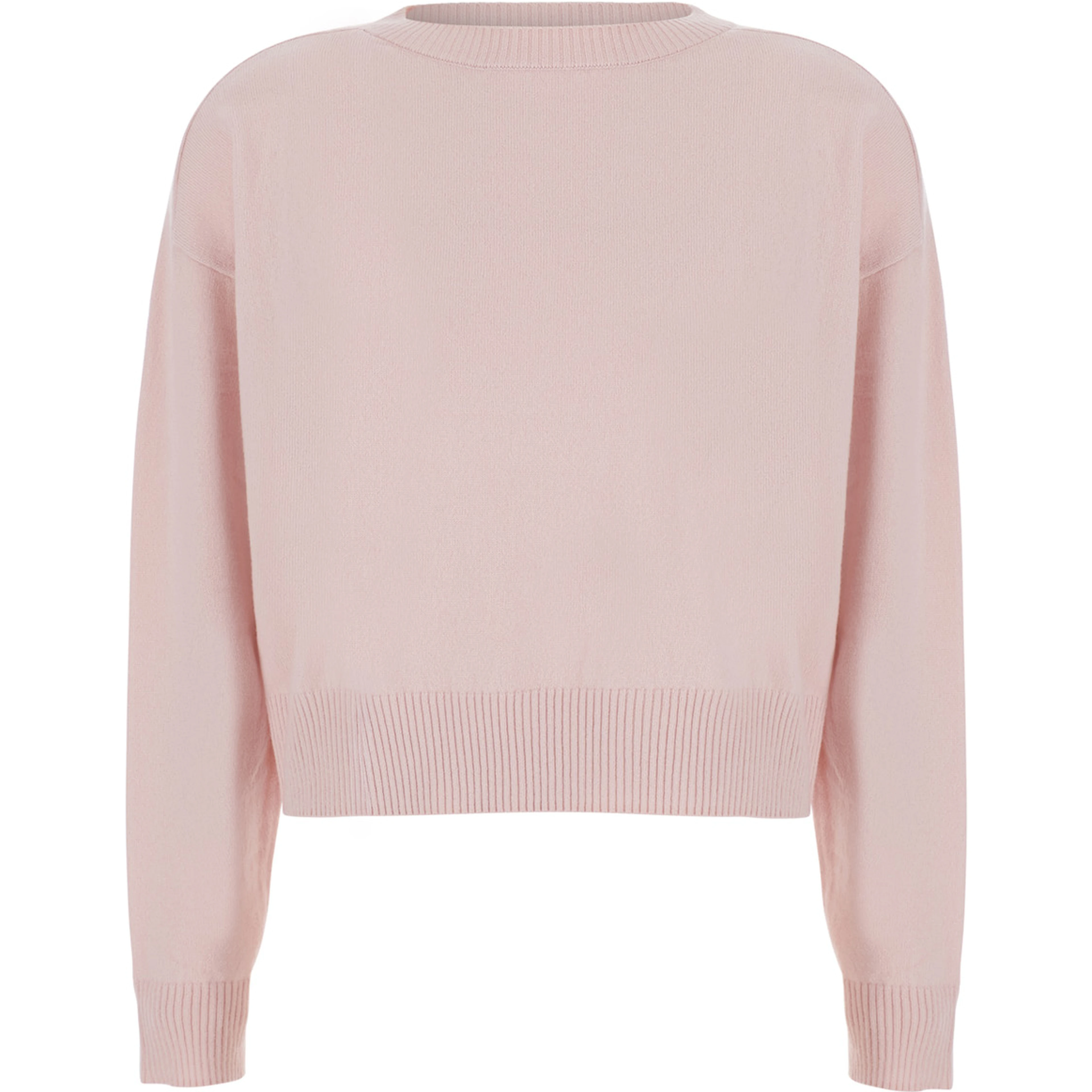 Cropped Round Neck 12GG with round neck and long sleeves in pink cashmere for women