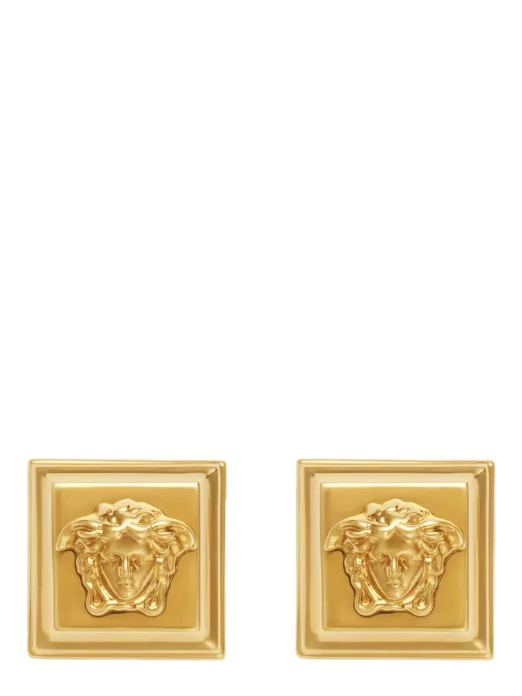 Gold-Colored Earrings with Square Design and Medusa Head Details in Brass Woman