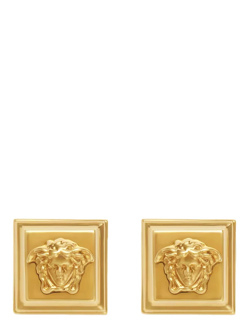 Gold-Colored Earrings with Square Design and Medusa Head Details in Brass Woman