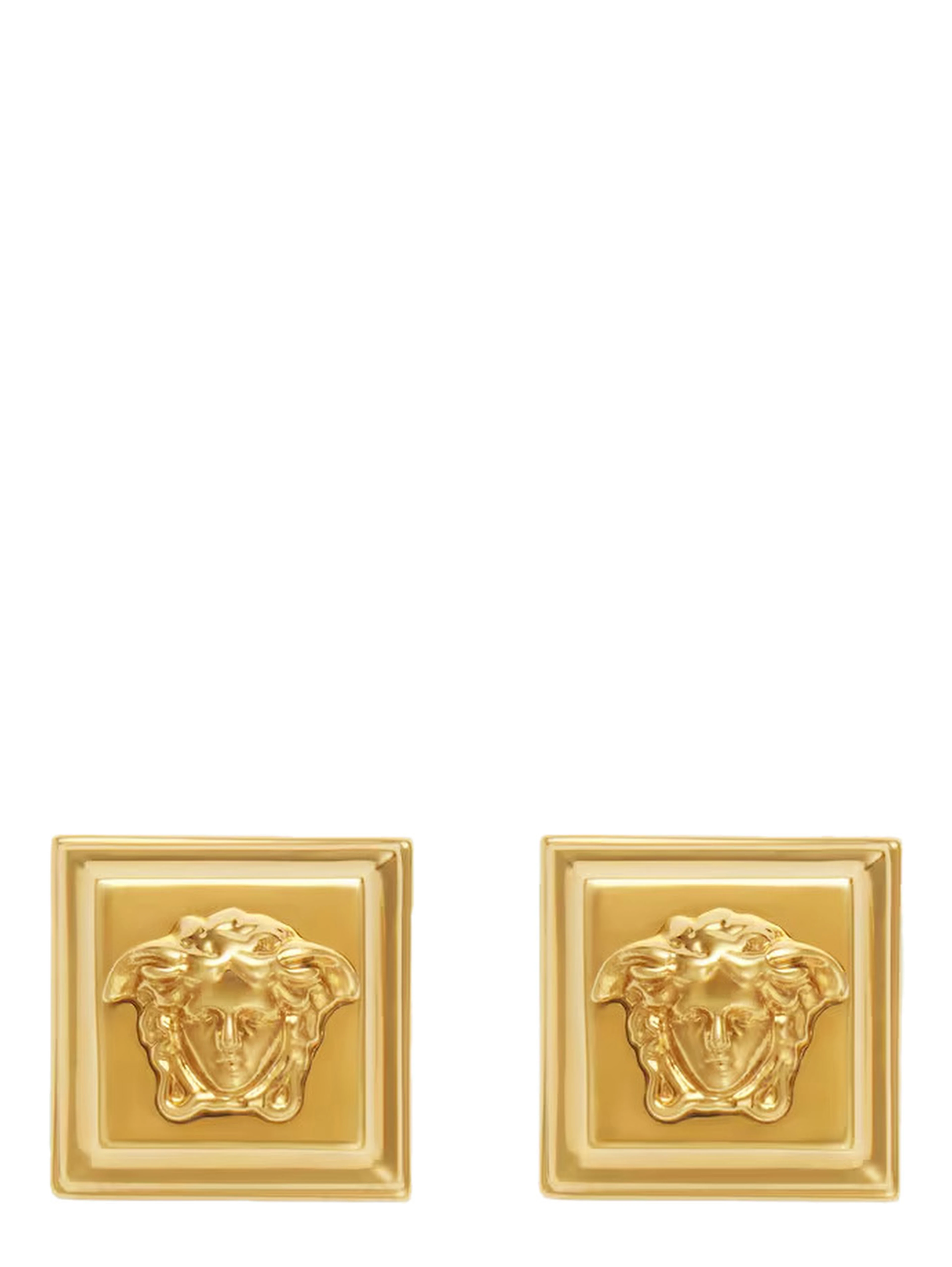 Gold-Colored Earrings with Square Design and Medusa Head Details in Brass Woman