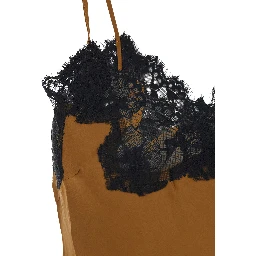 brown V-neck top with spaghetti straps in satin fabric for women