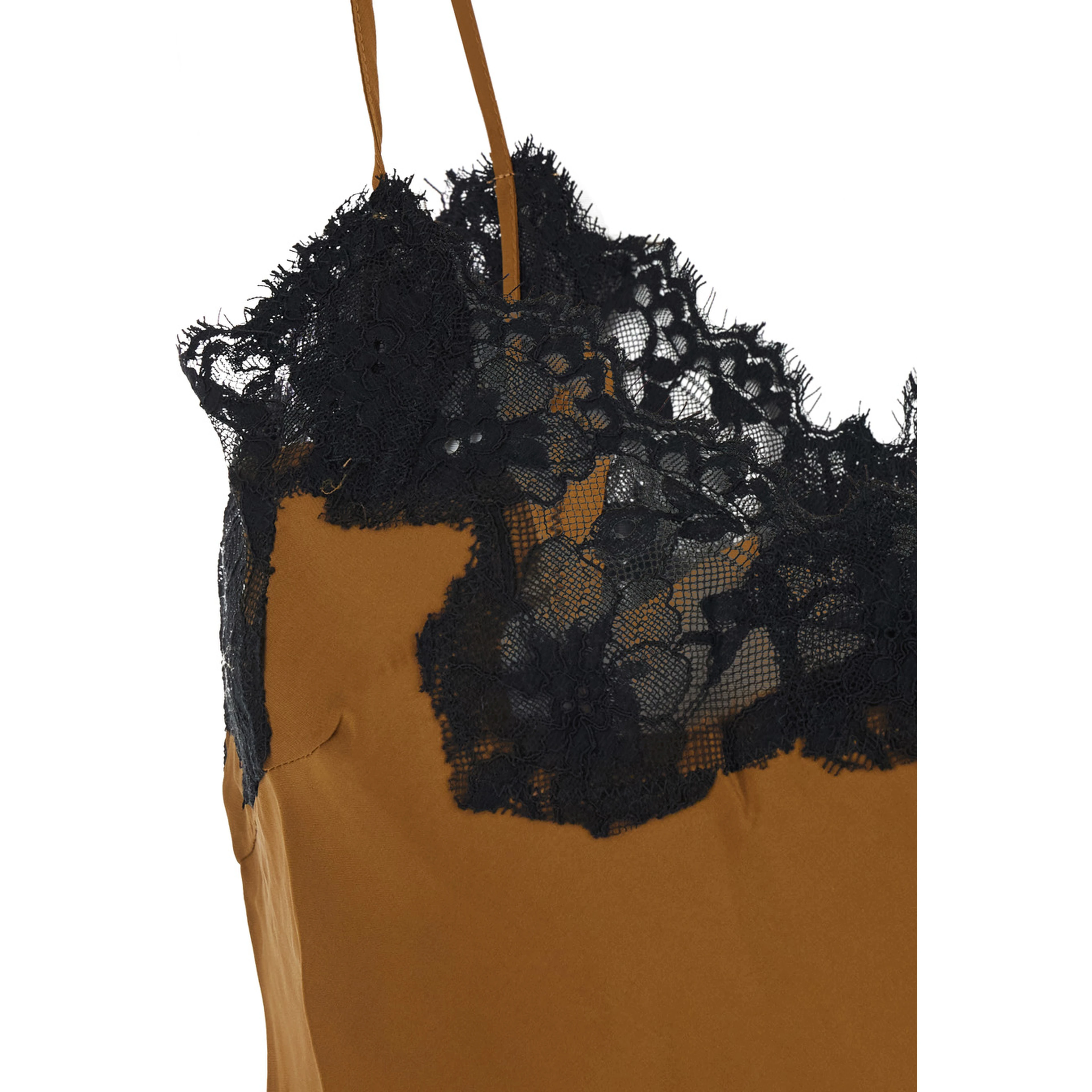 brown V-neck top with spaghetti straps in satin fabric for women