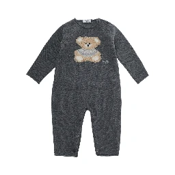 Grey romper with bear motif on the front and button closure in wool baby