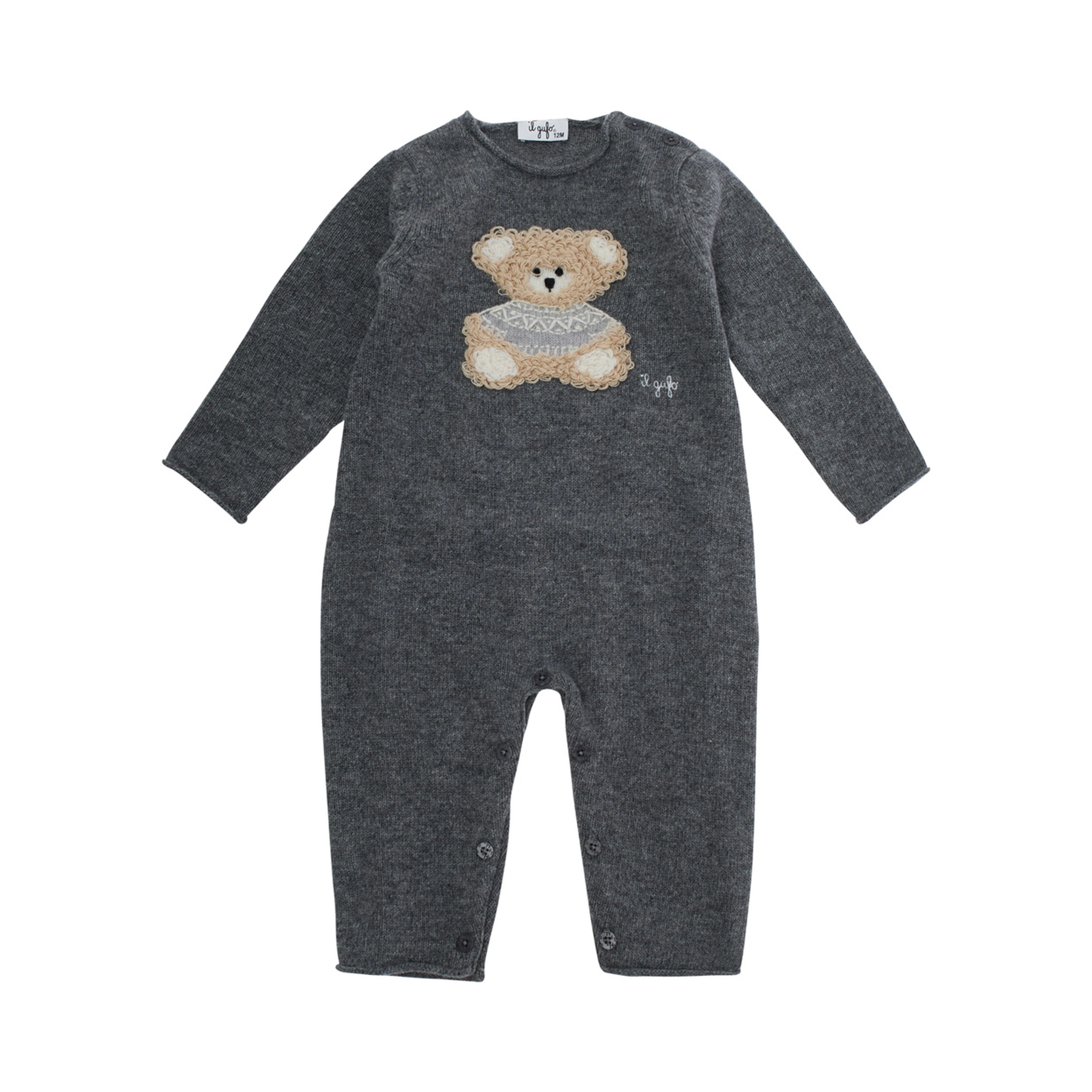 Grey romper with bear motif on the front and button closure in wool baby