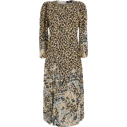 Brown Round Neck Dress with floral animalier print in Tech Fabric women