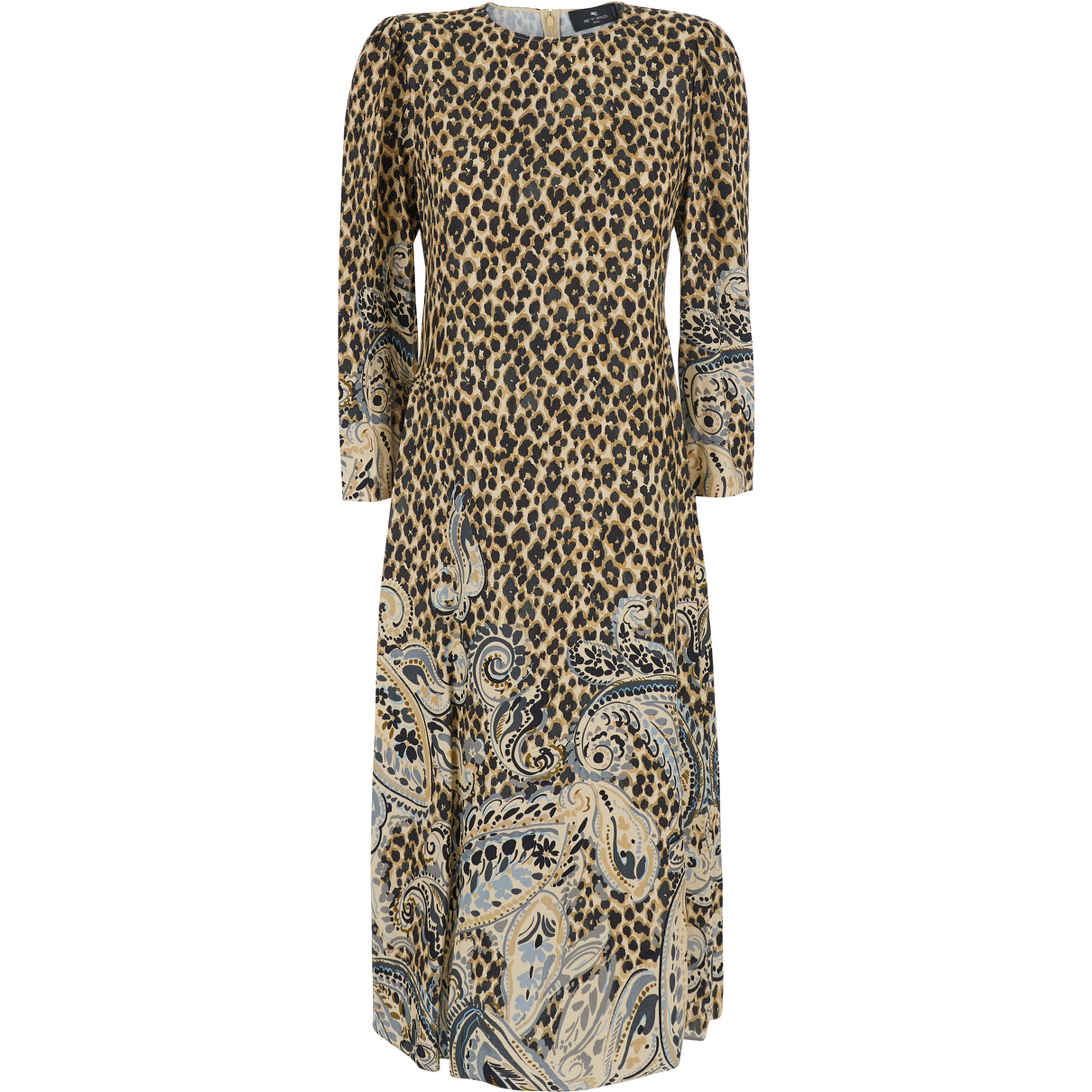 Brown Round Neck Dress with floral animalier print in Tech Fabric women