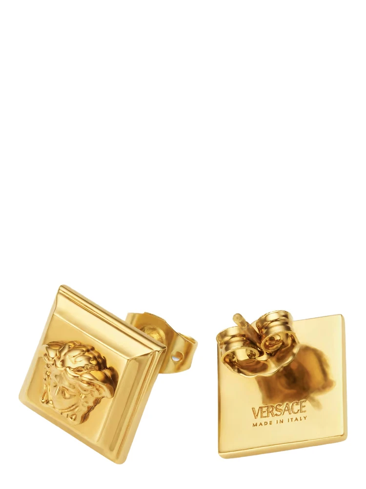 Gold-Colored Earrings with Square Design and Medusa Head Details in Brass Woman alternative